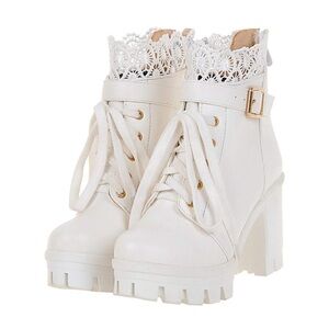 Block Heel Lace Up Ankle Boots Platform Chunky Cute Short Booties (US6)